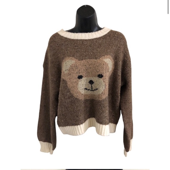 Luna Ivy brown teddy bear cream ribbed neckline long sleeve sweater size medium - Picture 10 of 10
